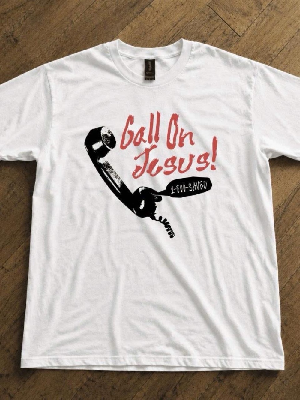 Gildan White Short Sleeve Tee with Red Script and Black Phone Graphic